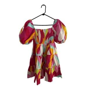 Anthropologie Flying Tomato Smocked Tiered Puffed Sleeve Dress Size M Colorful